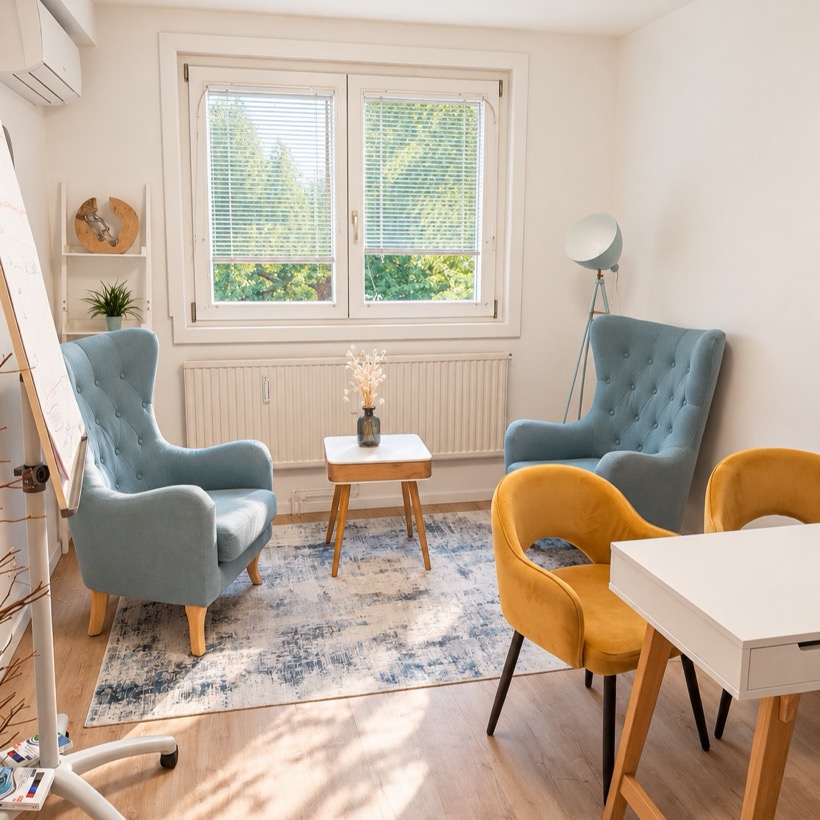 Therapieraum des hummelwerk in Wien – zwei Sessel am Fenster, warmes Licht