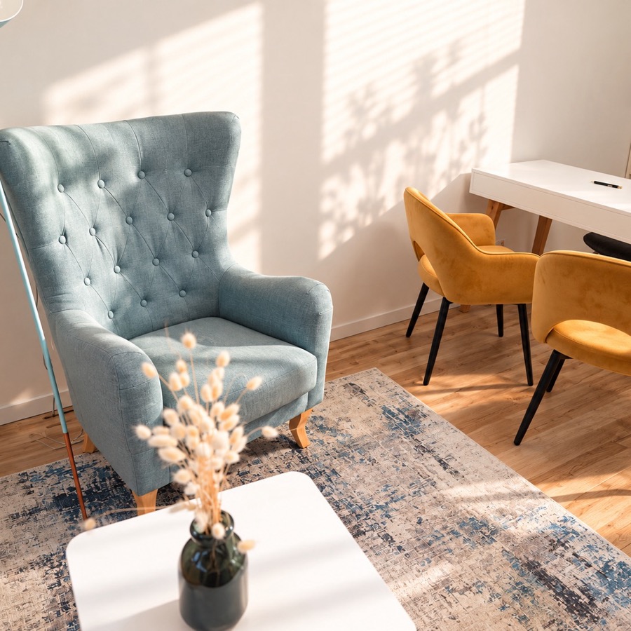 Blauer Ohrensessel im Sonnenlicht im Therapieraum des hummelwerk